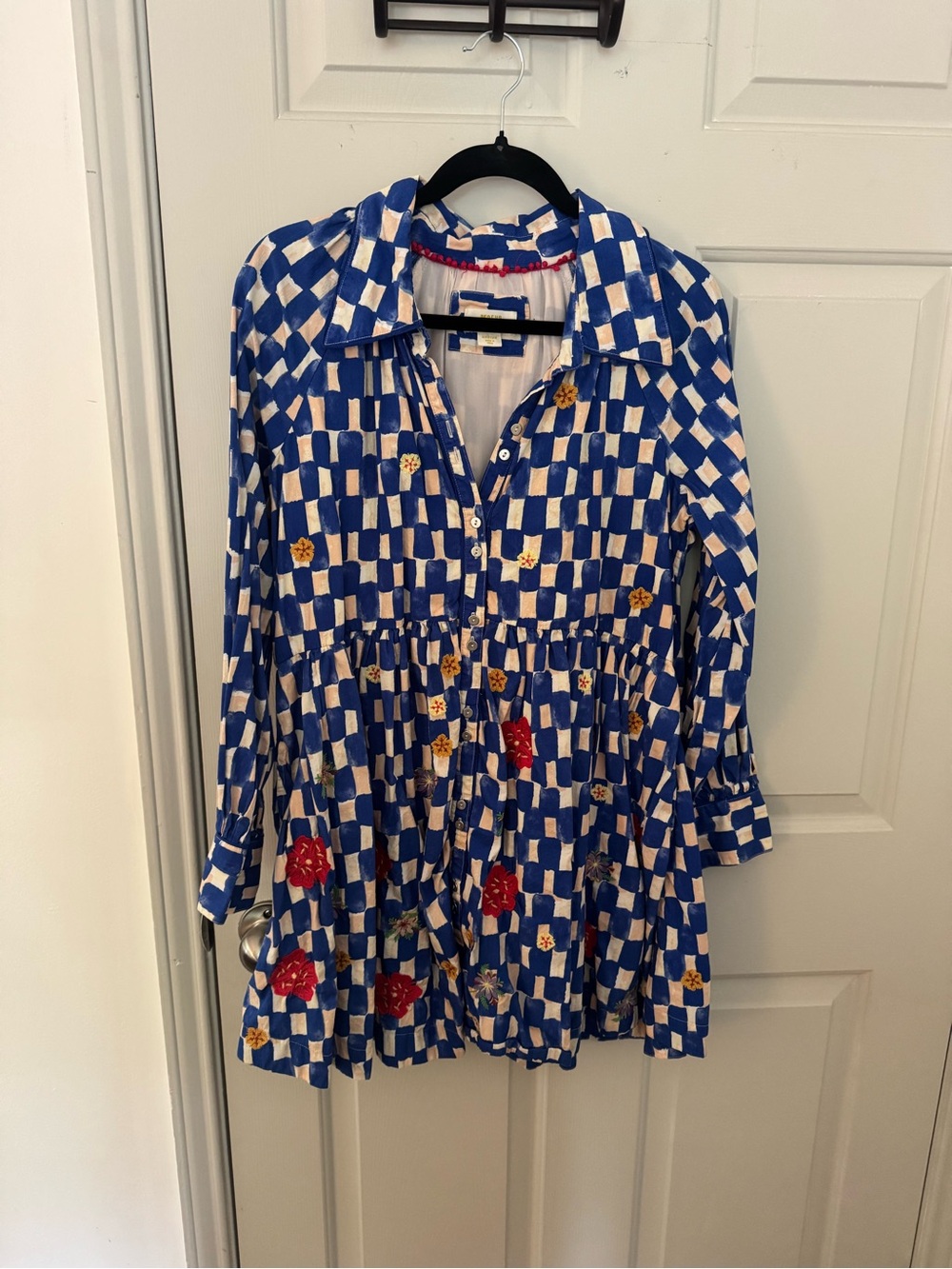 Anthropologie Maeve Checkered and Floral Long Sleeve Mini Dress size Medium